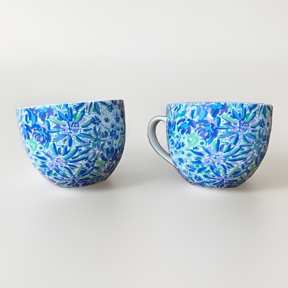 New Lilly Pulitzer Ceramic Coffee Mugs Tea Cups 12oz Blue Floral Bronze Set of 2
